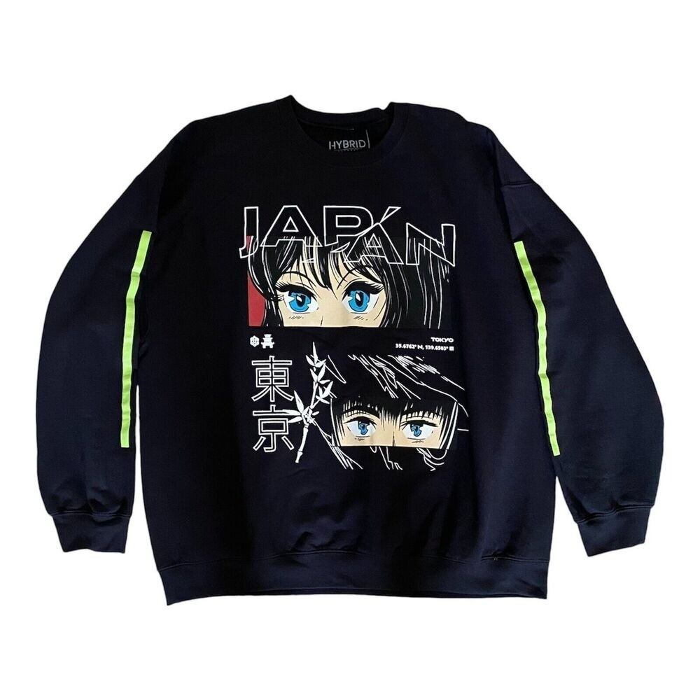 Sweatshirt Black Anime Eyes Japan Oversized 2X Streetwear Aesthetic Manga Unisex